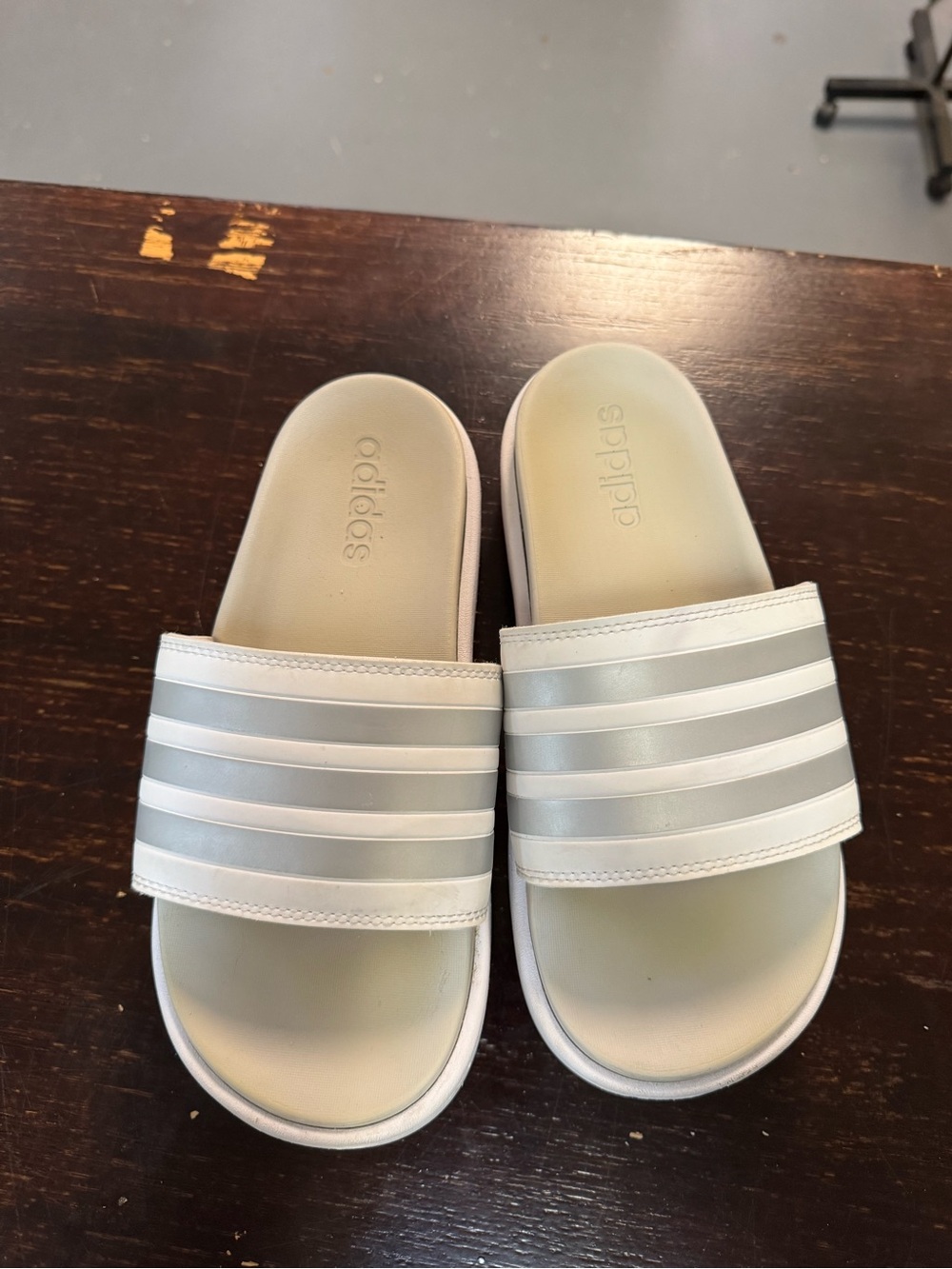 adidas White Platform Slide Sandals with Silver Stripes - Picture 2 of 7